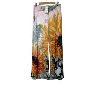 NEW Le Galeriste Wide Leg Sunflower Art To Wear Pants Size Large Boho Hippie
